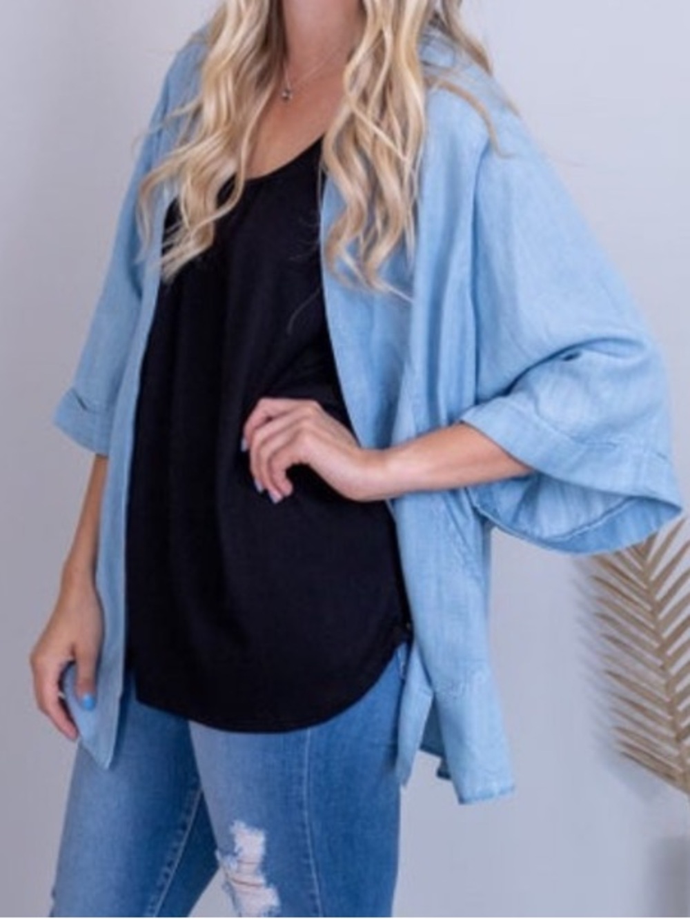 Easel Chambray Oversized Open Cardigan